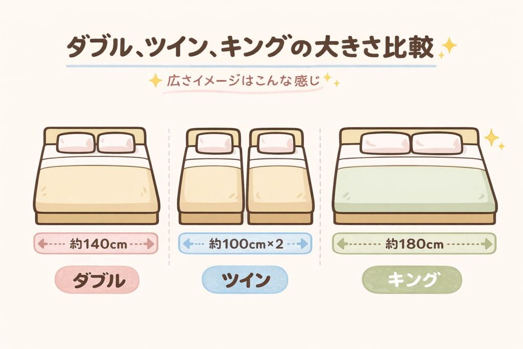 ホテル ベッドサイズ比較 ダブル ツイン キング 図解